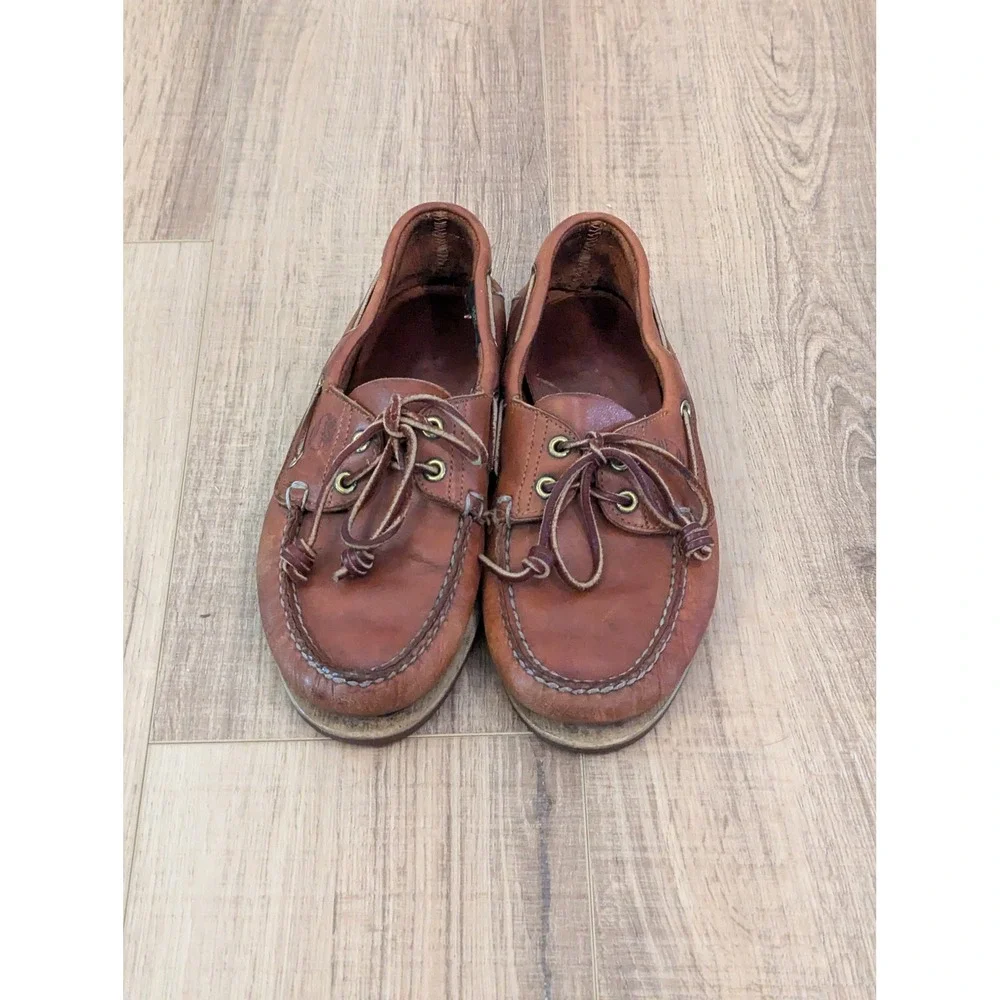 Vintage Timberland Boat Shoes Mens 7.5 M Brown Leather 2 Eye Handsewn USA Made